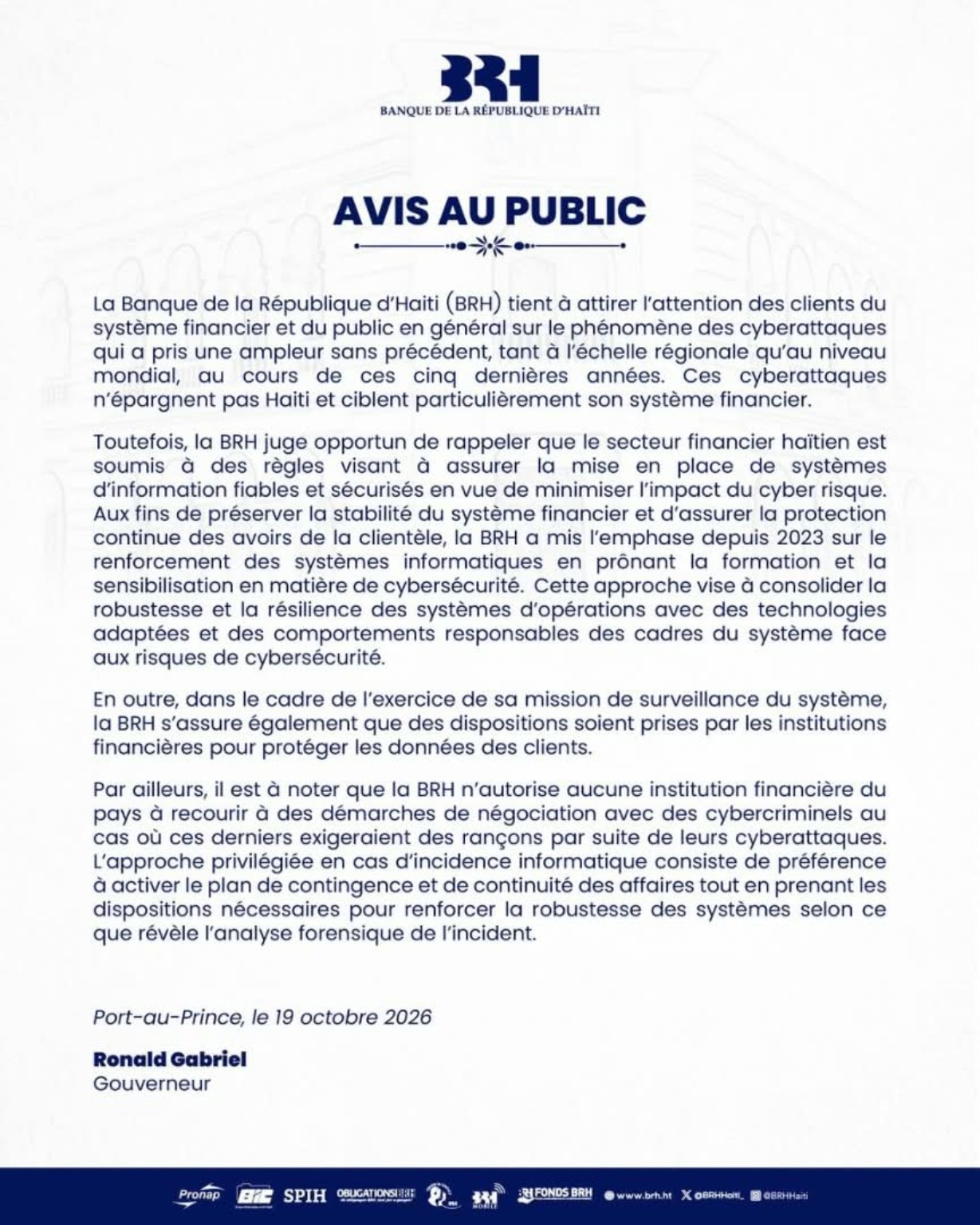 Cyberattaques : la BRH interdit aux institutions financières de négocier avec les pirates